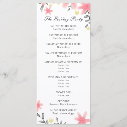 Kaarten van het Whimsy Pink Floral Wedding Program (Achterkant)