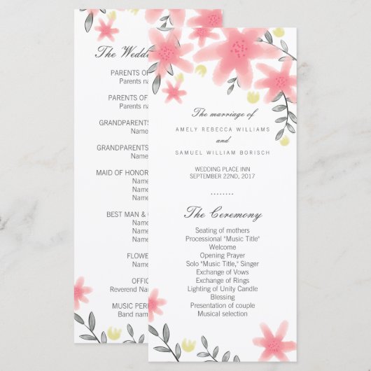 Kaarten van het Whimsy Pink Floral Wedding Program (Voorkant / Achterkant)