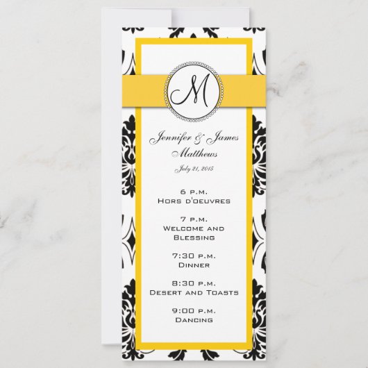 Kaarten van het zwarte Damask Yellow Wedding Menu (Voorkant)
