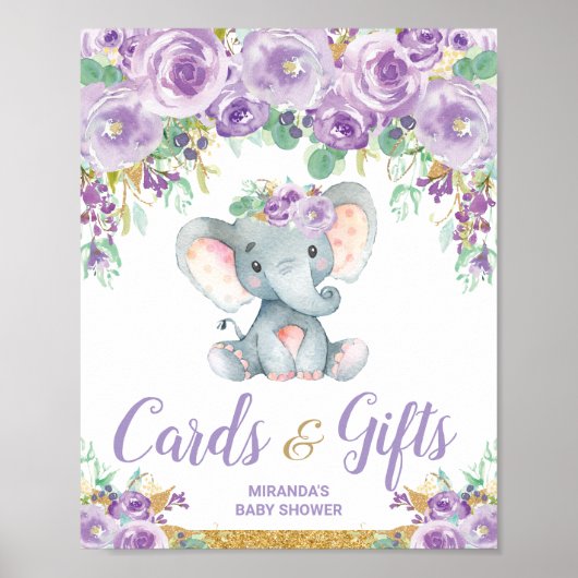 Kaarten van Paarse Floral Elephant Baby shower Gif Poster (Voorkant)