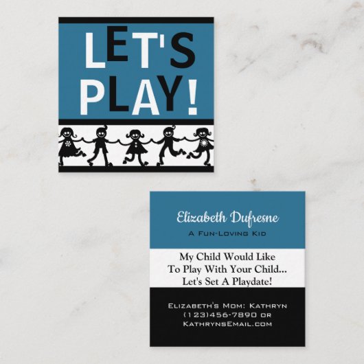 Kaarten voor afspeeldatum blauw, wit en zwart vierkante visitekaartje (Voorkant / Achterkant)