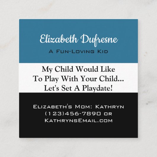 Kaarten voor afspeeldatum blauw, wit en zwart vierkante visitekaartje (Achterkant)