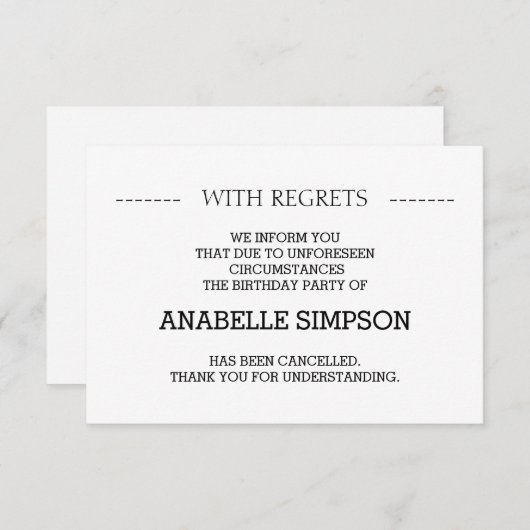 Kaarten voor annulering van verjaardagsfeest (Voorkant / Achterkant)