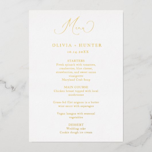 Kaarten voor Elegant Gold Wedding Dinner Menu (Voorkant)