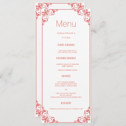 Kaarten voor het menu Coral Flourish Weddenschap (Voorkant / Achterkant)
