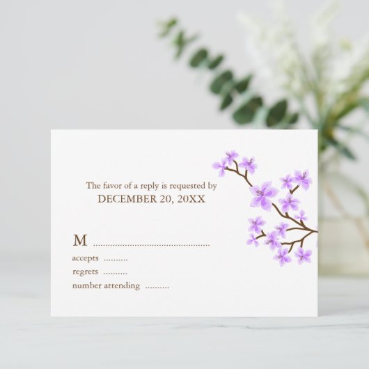 Kaarten voor lavender Cherry Blossom Wedding Respo RSVP Kaartje (Staand voorkant)