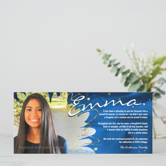Kaarten voor persoonlijk Afstuderen | Blauw en gou (Staand voorkant)
