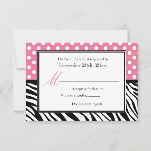 Kaarten voor Polka Dot Pink & Zebra Print Reply RSVP Kaartje (Voorkant)