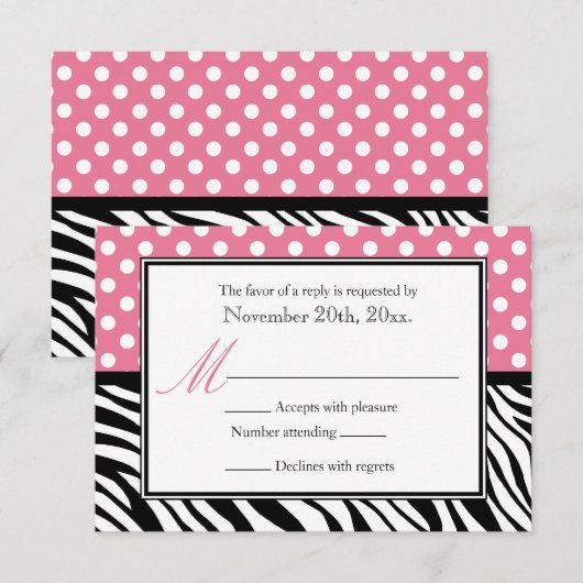 Kaarten voor Polka Dot Pink & Zebra Print Reply RSVP Kaartje (Voorkant / Achterkant)