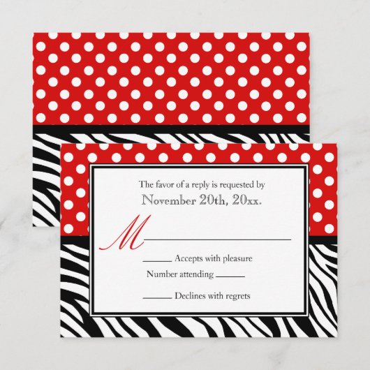 Kaarten voor Polka Dot Red en Zebra Print Reply RSVP Kaartje (Voorkant / Achterkant)