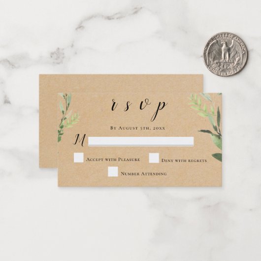 Kaarten voor Rustic Greenery Wedding RSVP Notitiekaartje (Voorkant / Achterkant in situ)