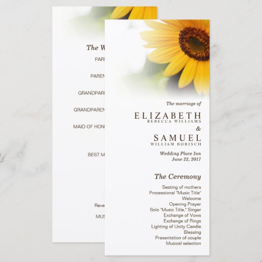 Kaarten voor Sunflower Summer Weddenprogramma (Voorkant / Achterkant)
