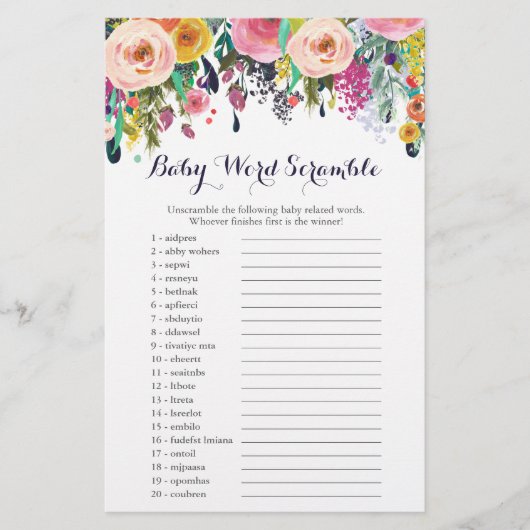 Kaarten voor vloeiend Baby shower Word Scramble Ga (Voorkant)