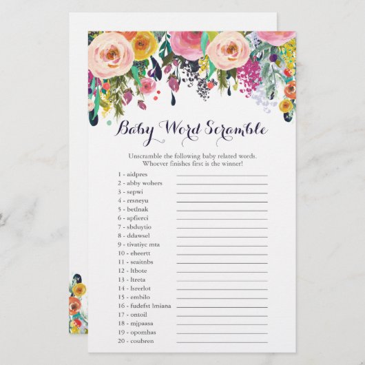 Kaarten voor vloeiend Baby shower Word Scramble Ga (Voorkant / Achterkant)