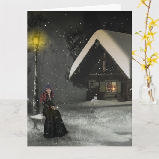 KAARTEN VOOR WINTERHUIS SNEEUW MEISJE DIE AAN JE D (Gele Bloem)