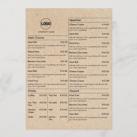 Kaartenmenu Kaarten voor restaurant- en tafelmenu  (Voorkant)