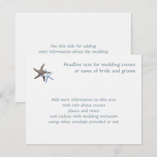 Kaartenset met zeesterren voor bij uw uitnodiging informatiekaartje (Voorkant / Achterkant)