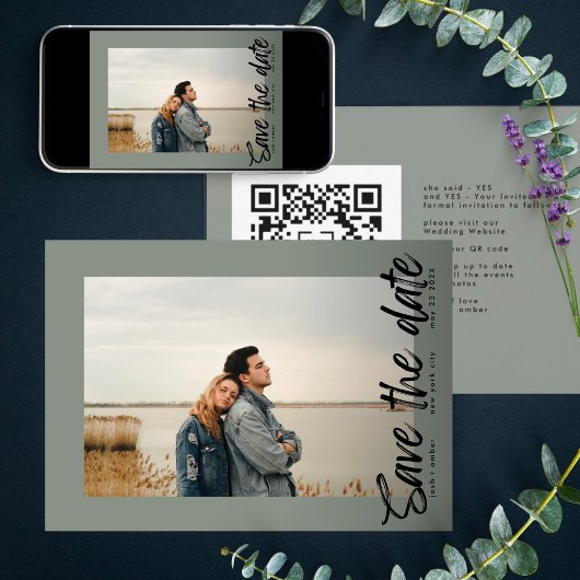 Kaartgolven QR Code Moderne Eenvoudige Foto Moss G Save The Date