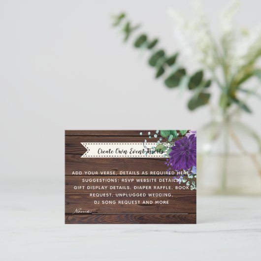 Kaartjes met details voor rustieke blauwe bloem br informatiekaartje (Staand voorkant)