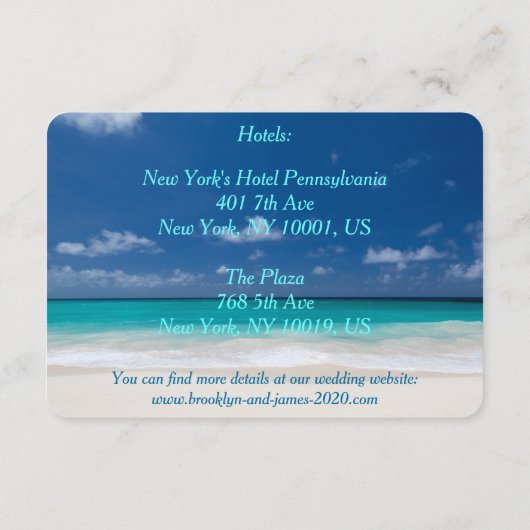 Kaartjes voor accommodatie bij Blue Beach-huwelijk Informatiekaartje (Achterkant)