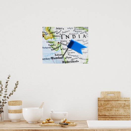 Kaartspeld geplaatst in Mumbai, India op kaart, cl Poster (Keuken)