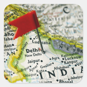 Kaartspeld in New Delhi, India op kaart, Vierkante Sticker