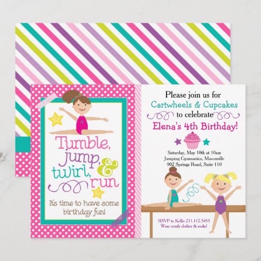 Kaartwheels en cupcakes Gymnastics Party Invitatio Kaart (Voorkant / Achterkant)