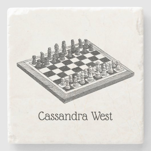 Kaas bord en schaakstukken  kunst stenen onderzetter (Voorkant)