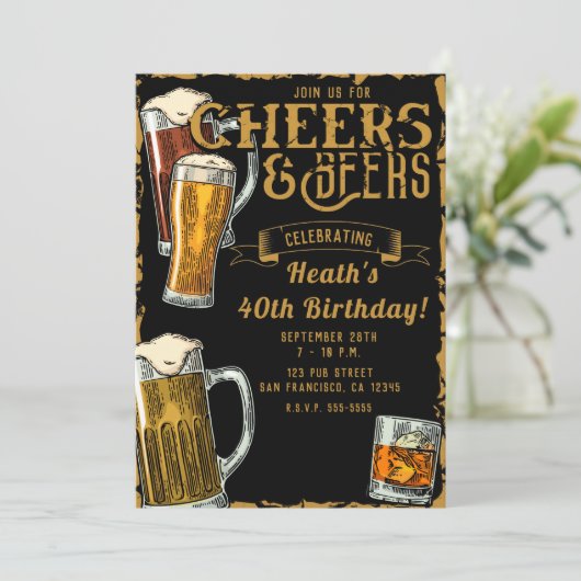 Kaas en bier Gold Black Pub Bar, geboortedag parti Kaart (Staand voorkant)