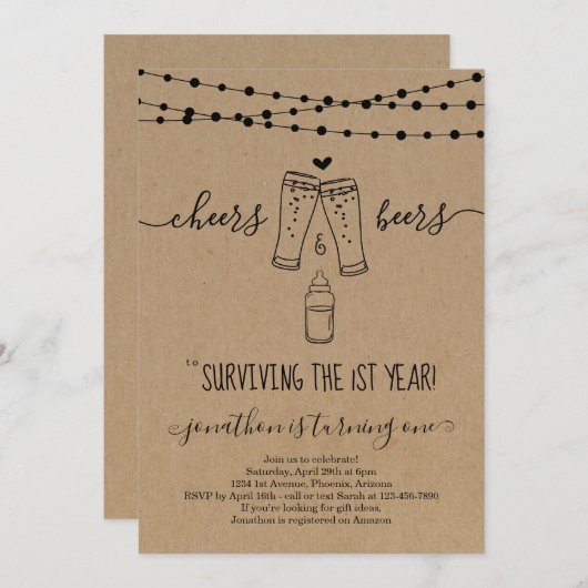 Kaas en bier Uitnodiging eerste verjaardag (Voorkant / Achterkant)