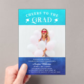 Kaas op het Afstudeerder Trendy Modern Blue Acryl Uitnodigingen (Insitu (Draagbaar))