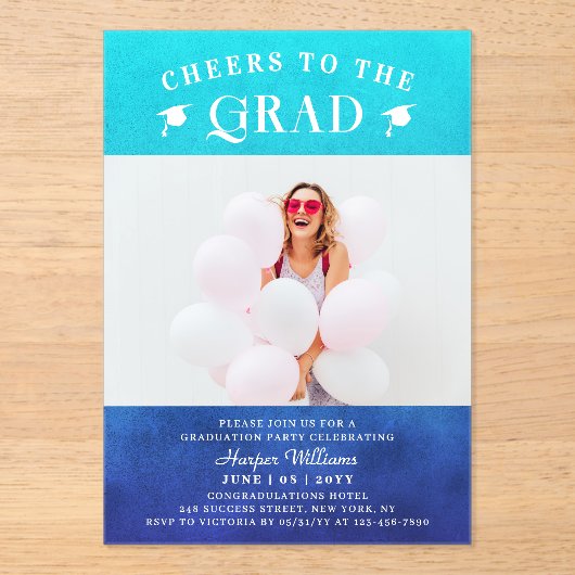 Kaas op het Afstudeerder Trendy Modern Blue Acryl Uitnodigingen (Voorkant)