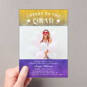 Kaas op het Afstudeerder Trendy Modern Foto Paars  Acryl Uitnodigingen (Insitu (Draagbaar))