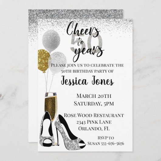 Kaas tot 50 jaar Silver Gold Glitter Champagne Kaart (Voorkant / Achterkant)