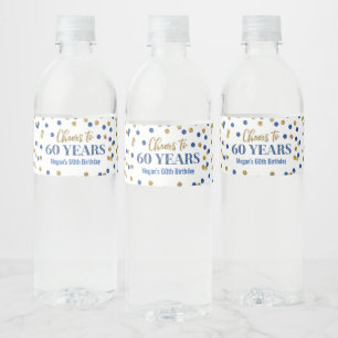 Kaas tot 60 jaar Blauwe Goud Confetti Dag Waterfles Etiket