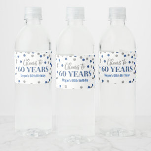Kaas tot 60 jaar Blauwe Zilveren Confetti Birthday Waterfles Etiket