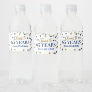 Kaas tot 65 jaar Blauwe Goud Confetti Birthday Waterfles Etiket