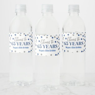 Kaas tot 65 jaar Blauwe Zilveren Confetti Birthday Waterfles Etiket