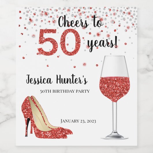 Kaas tot vijftig jaar Rood Glitter Wine Aangepast Wijn Etiket (Enkel label)