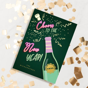 Kaas voor de nieuwjaarse Fun Retro Neon Wine Bottl Folie Feestdagenkaart