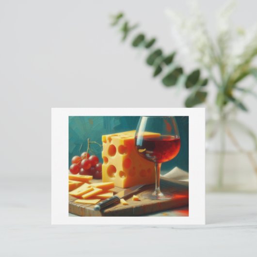 Kaas, wijn en druiven, briefkaart (Staand voorkant)
