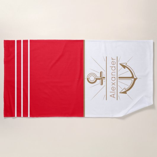 Kaastal Red Anchor Nautical Monogram Name Bath Tow Strandlaken (Voorkant)