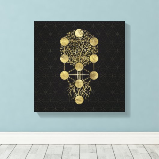 Kabbalah The Tree Gold on Black Canvas Afdruk (Insitu (Houten vloer))