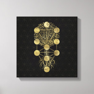 Kabbalah The Tree Gold on Black Canvas Afdruk