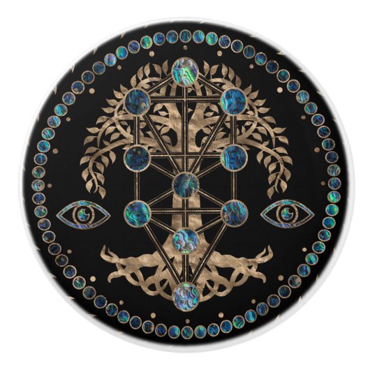 Kabbalah The Tree of Life Abalone and Gold Keramische Knop (Voorkant)