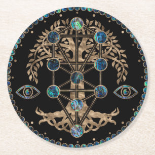 Kabbalah The Tree of Life Abalone and Gold Ronde Kartonnen Onderzetter