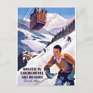 Kabelauto over Courcheval, man op ski, vintage Briefkaart
