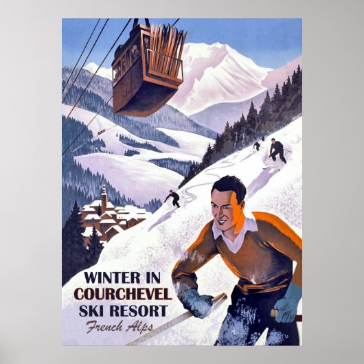 Kabelauto over Courcheval, man op ski, vintage Poster (Voorkant)