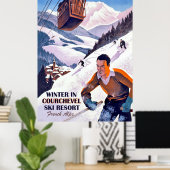 Kabelauto over Courcheval, man op ski, vintage Poster (Thuiskantoor)