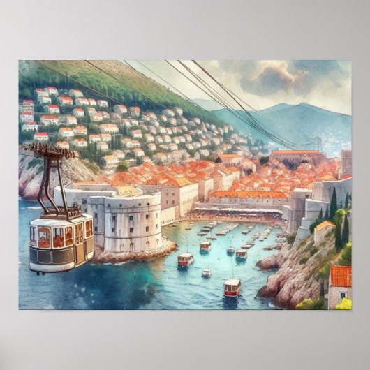 Kabelbaan Dubrovnik Kroatië waterverf Poster (Voorkant)